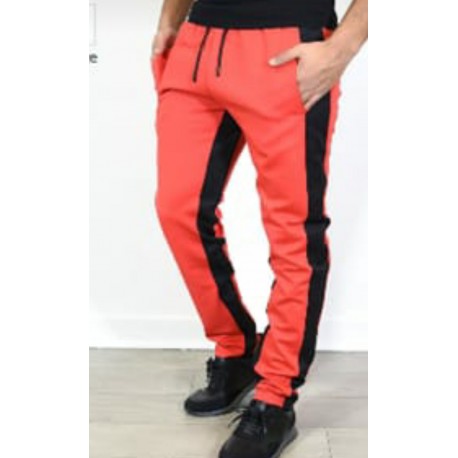 pantalon jogging rouge bande noire coté