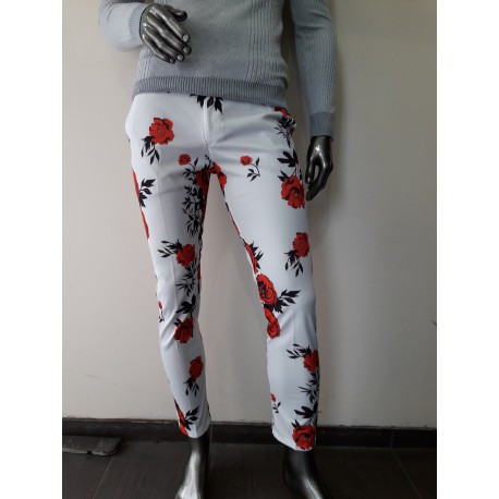Pantalons à fleurs blanc-rouge